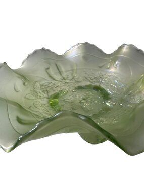Uranium Green Depression Glass Bowl Leaf Pattern & Scalloped Edges Fenton?
